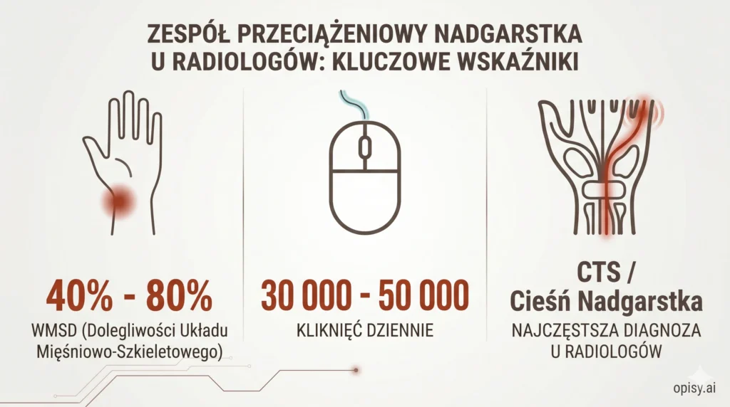 „Infografika przedstawiająca statystyki przeciążeń układu ruchu (WMSD) u radiologów: do 80 procent z dolegliwościami, do 50 000 kliknięć na zmianę i CTS jako główna diagnoza”