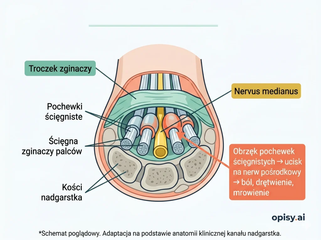 Schemat anatomiczny kanału nadgarstka pokazujący ucisk nerwu pośrodkowego przez obrzęknięte pochewki ścięgniste – mechanizm zespołu cieśni nadgarstka u radiologów