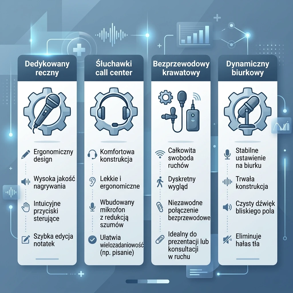 Infografika porównująca cztery typy mikrofonów do dyktowania w radiologii: ręczne medyczne, nagłowne call center, bezprzewodowe krawatowe i dynamiczne biurkowe
