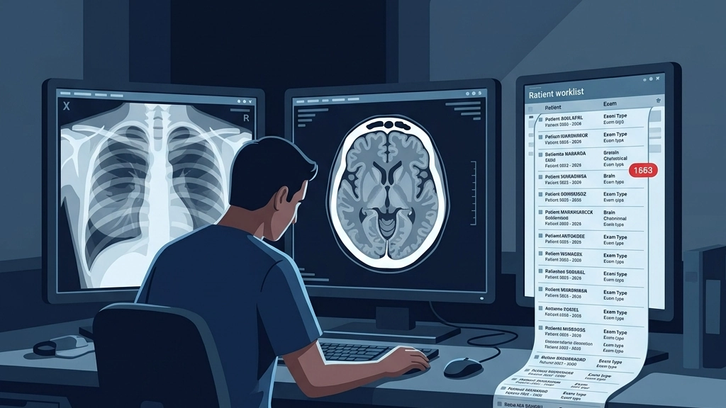 Radiolog w zaciemnionym pokoju opisowym przed monitorami DICOM z przytłaczającą listą badań w systemie RIS - syndrom worklist anxiety