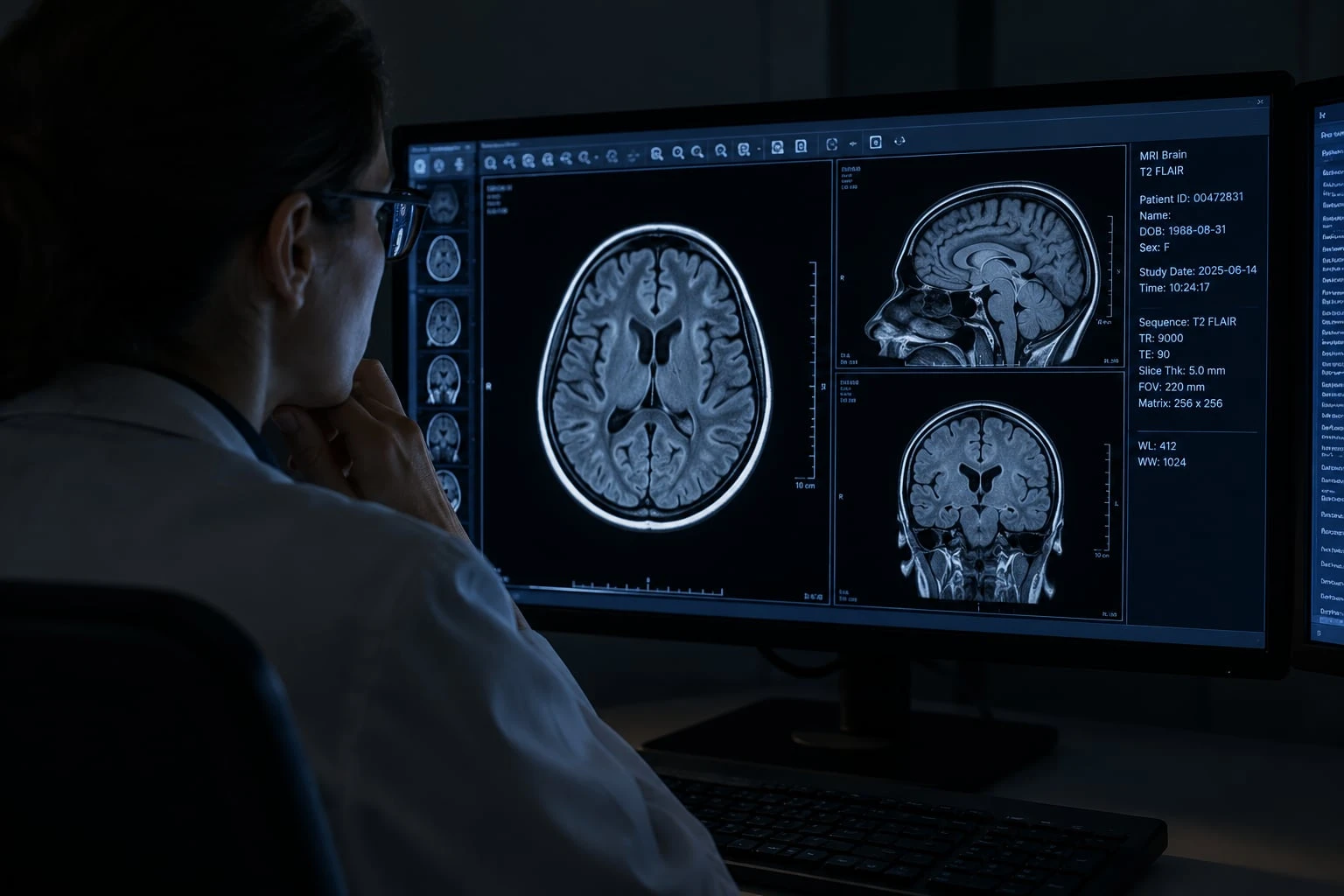 Radiolog analizujący obrazy MR mózgu na monitorze diagnostycznym w ciemnej czytelni opisowej